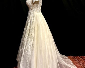 Vintage Priscilla of Boston Wedding Dress, Hand-Sewn Pearls and Sequins, Sweep train, approximate size 8, Rhoda