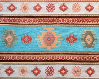 Tissu chenille turquoise, tissu de tapis, tissu ethnique, tissu Kilim, tissu tissé, tissu de décoration à la maison, tissu d'ameublement, tissu géométrique