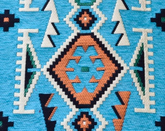 Tissu turquoise, tissu tribal, tissu géométrique, tissu bleu, tissu de tapis, tissu tissé, tissu turc, tissu de coton, tissu de rembourrage