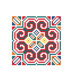 May include: A square-shaped design with a repeating pattern of red, green, blue, orange, and yellow. The design is made up of swirls and lines.