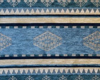 Tissu chenille bleu, tissu d'ameublement, kilim bleu, tissu de moquette bleu, tissu bleu, tissu ethnique, tissu de décoration intérieure, tissu géométrique