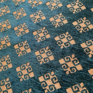 Blauer Chenille-Stoff, blauer geometrischer Stoff, Polsterstoff, blauer Kelim-Stoff, Teppichstoff, ethnischer Stoff, Wohndekor-Stoff