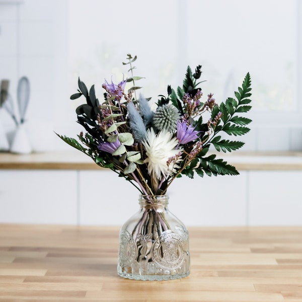 Bohemian Mini Dried Flower Arrangement,  Sage Green and Blue and Purple Florals, Centerpiece Table Arrangements, Gifts for Her