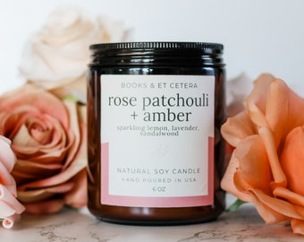 Rose Patchouli and Amber Candle, 6 oz Soy Candle, Romantic Candle, Gifts For Her, Cozy Candle, Crackling Wooden Wick, Valentine's Day