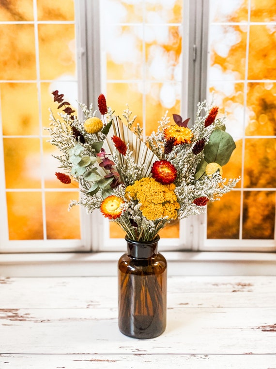 Fall Dried Flower Arrangement, Burgundy Plum Green Fall Florals