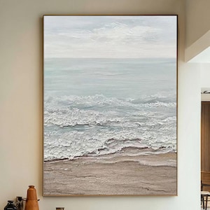 Textured Seascape Painting: Beige Blue Abstract Coastal Canvas Art