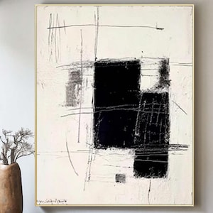 Black Beige Abstract Painting: Minimalist Textured Wabi Sabi Canvas Art