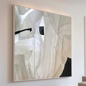 Large Beige & White Abstract Painting On Canvas: Textured Minimalist Art