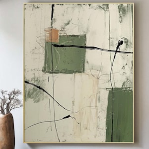 Green Beige Abstract Canvas Art: Wabi Sabi Minimalist Painting