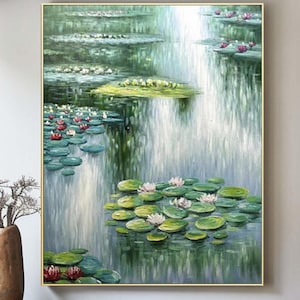 Textured Water Lily Pond Painting: Large Abstract Canvas Art