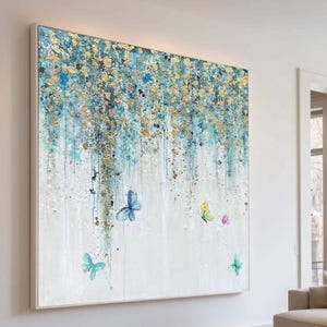 Abstract Butterfly Painting: Gold Leaf, Blue Wall Art Canvas