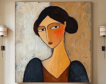 Textured Abstract Woman Portrait: Contemporary Handmade Canvas Art