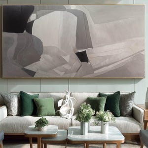 Large Wabi Sabi Abstract Painting: Beige Texture, Black and White Canvas Art