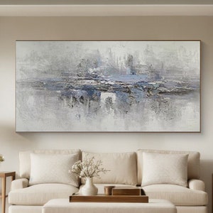 Oversized Handmade Oil Painting Gray Abstract Office Painting on Canvas Blue And GrayModern Wall Art Living Room Decor