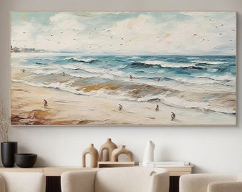 Peinture côtière surdimensionnée océan, peinture à l'huile abstraite sur toile, art mural, plage moderne, grande oeuvre d'art faite main, décoration de salon