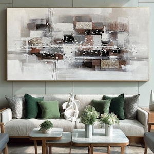 Large White Gray Abstract Painting, Extra Large Wabi Sabi Wall Art, Black Golden Texture Canvas Art, Minimalist Wall Art, Living Room Decor