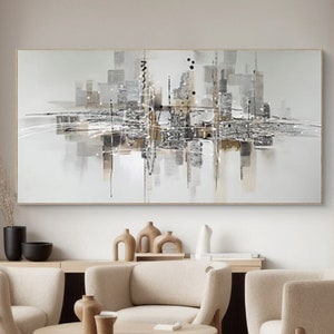 Oversized Abstract Modern Gray Oil Painting Black And White on Canvas Art Large Artwork Minimalist Wall Art Living Room