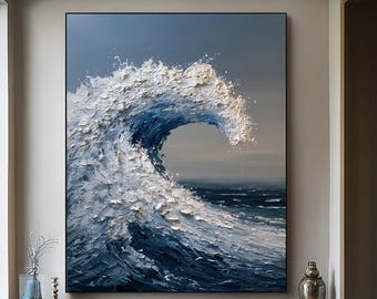 Blue White 3D Textured Ocean Wave Oil Painting, Coastal Impasto Seascape Canvas Wall Decor