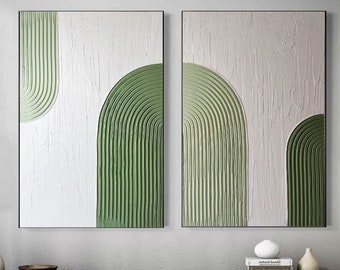 Green Set of 2 abstract oil painting 3D Textured white Minimalist Wall Original Modern painting on Canvas Room Decor