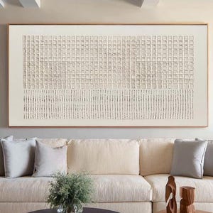 Grande quadro astratto su tela color crema-bianco con texture, moderno, minimalista e neutro, ideale per decorare le pareti del soggiorno.
