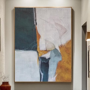 Beige Blue Textured Abstract Painting: Handmade Wabi-Sabi Canvas Art