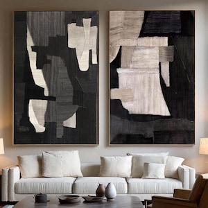 Großes Abstraktes Ölgemälde Set: Beige & Schwarz Wabi Sabi Leinwand Kunst