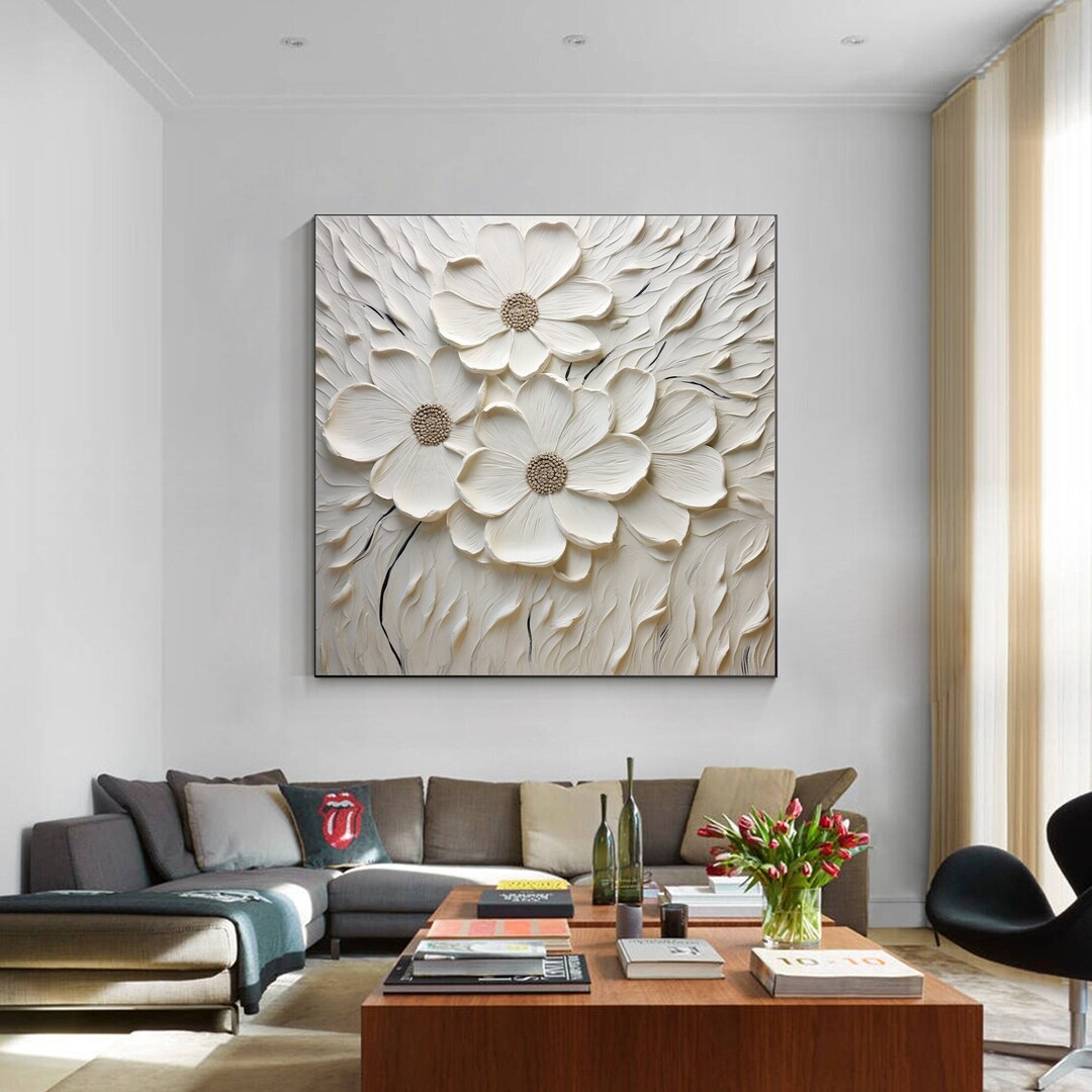 3D Original Flower Textured Wall Art Large Abstract Floral Art Beige ...