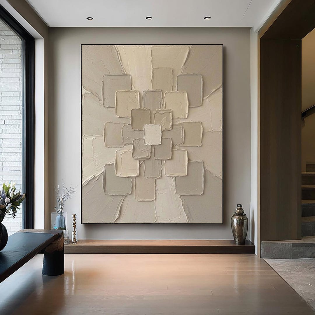 Modern Beige Impasto Textured Abstract Oil Painting Neutral Japandi ...
