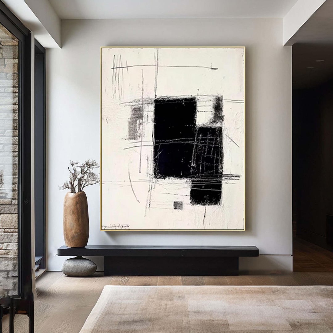 Minimalist Black and White Abstract Oil Painting, Large Textured Modern ...