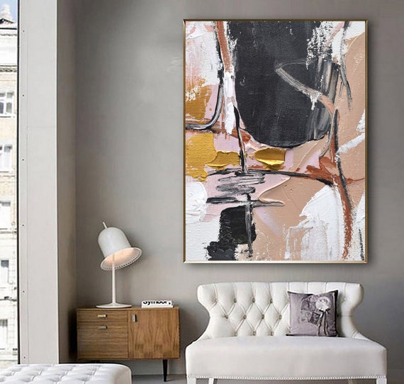Art & Collectibles Large pink and gold wall art blush painting yellow ...
