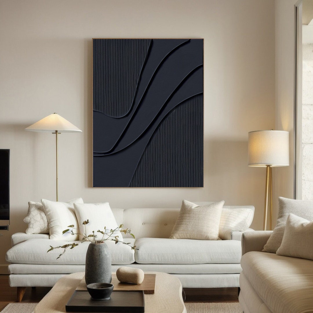 Black Abstract Large Wall 3D Texture Art Handmade Oil Painting, Original Modern Living Room ...