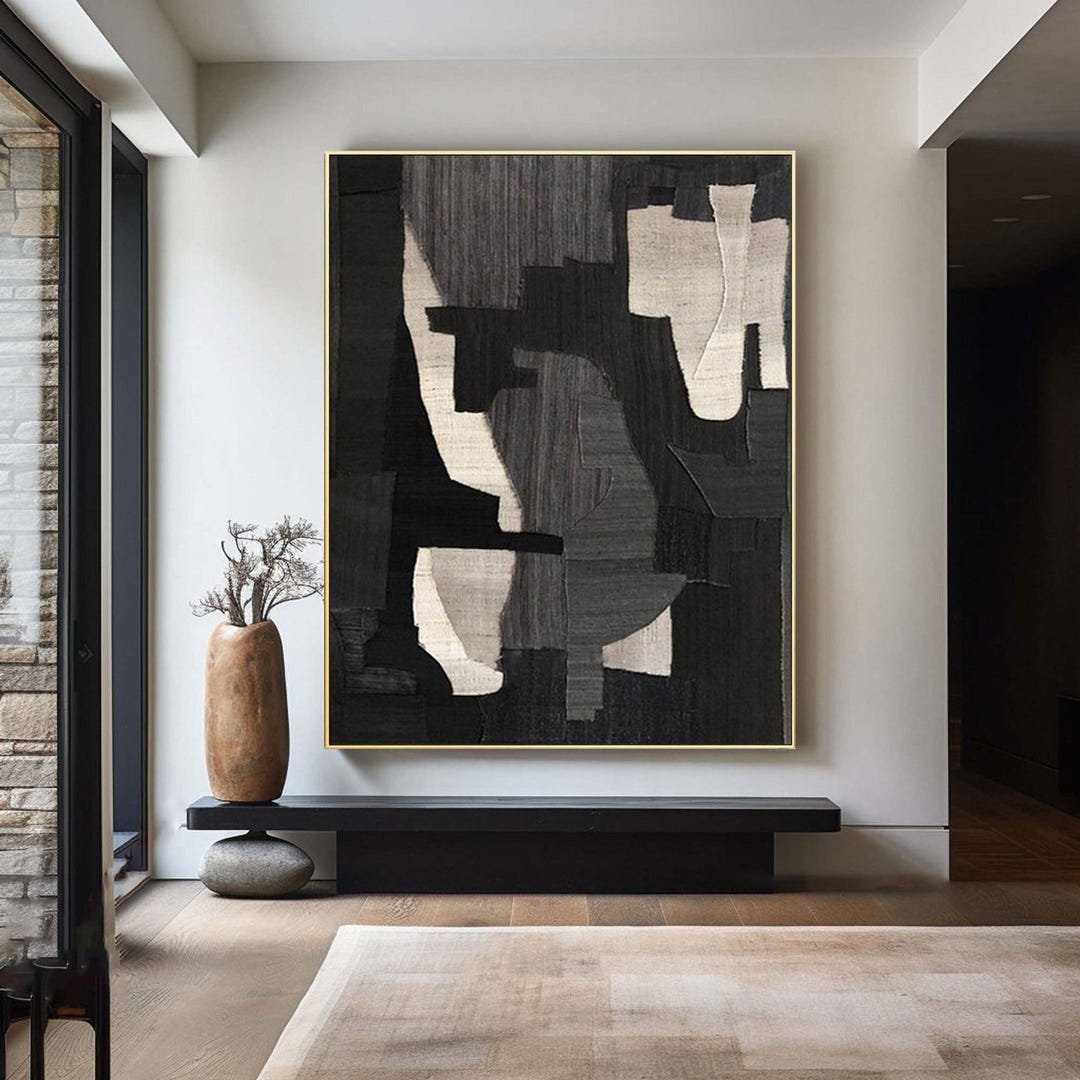 Black Textured Abstract Oil Painting, Wabi Sabi Minimalist Bedroom Wall ...