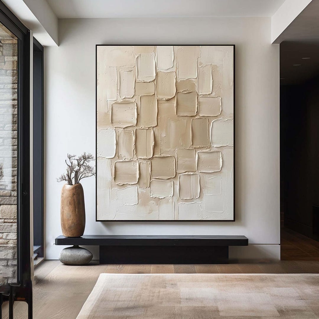 Textured Abstract Oil Painting Modern Beige Neutral Wall Art Minimalist ...