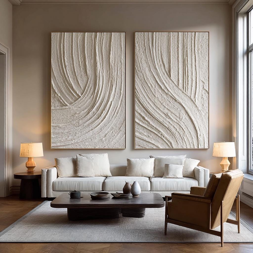 Beige Abstract Waves Painting Set: Textured Minimalist Canvas Wall Art ...