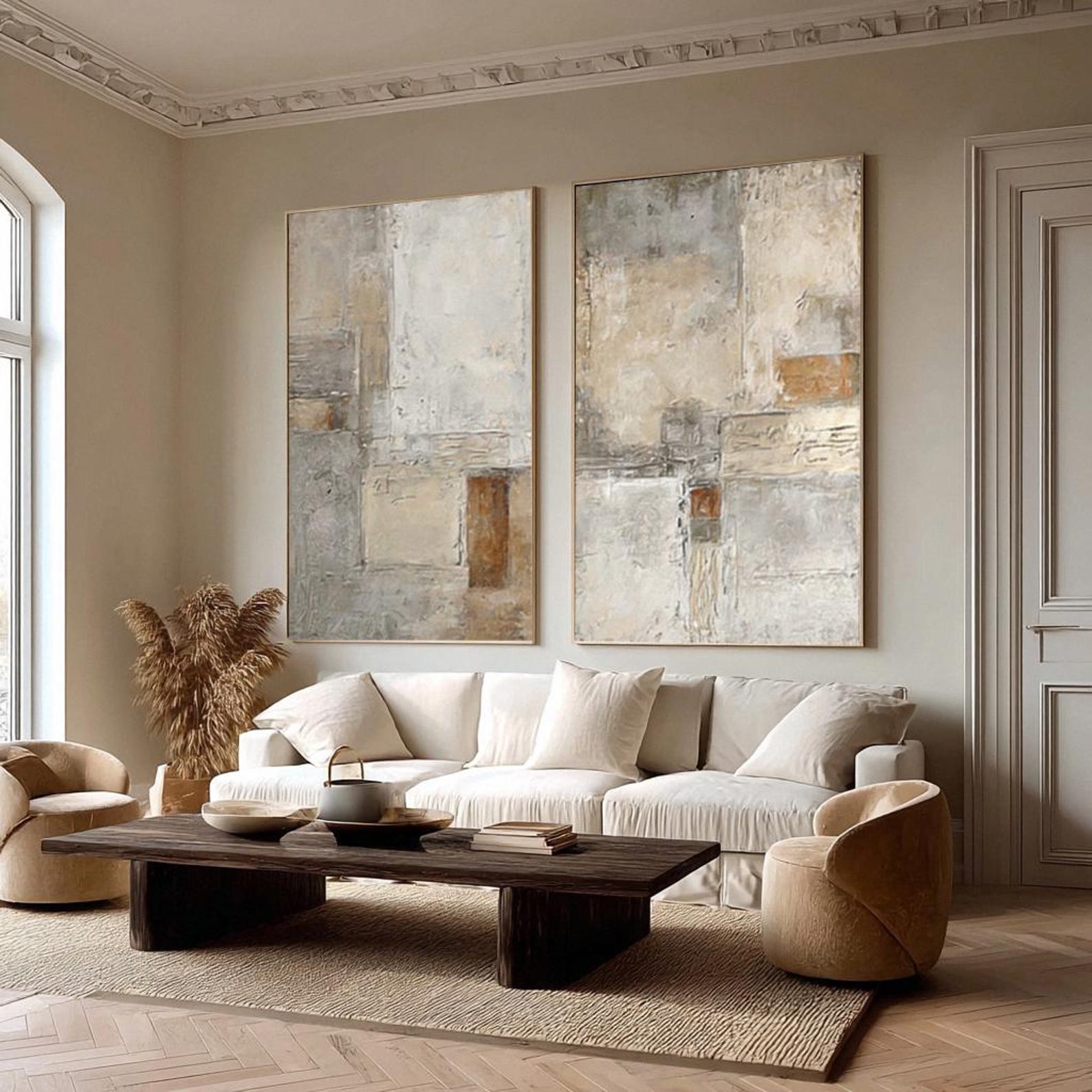 Large Beige Abstract Diptych Painting Modern Textured Geometric Wall ...