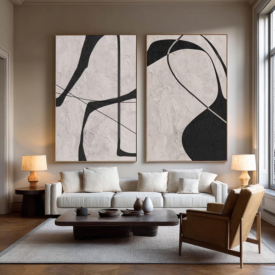 Black White Abstract Painting Set, Modern Minimalist Textured Wall Art ...