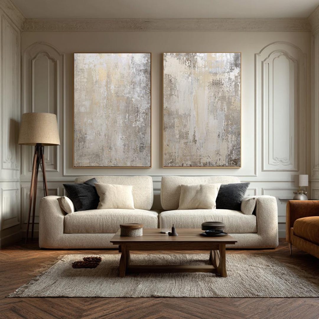Large Neutral Abstract Oil Painting Set Minimalist Textured Wall Art ...