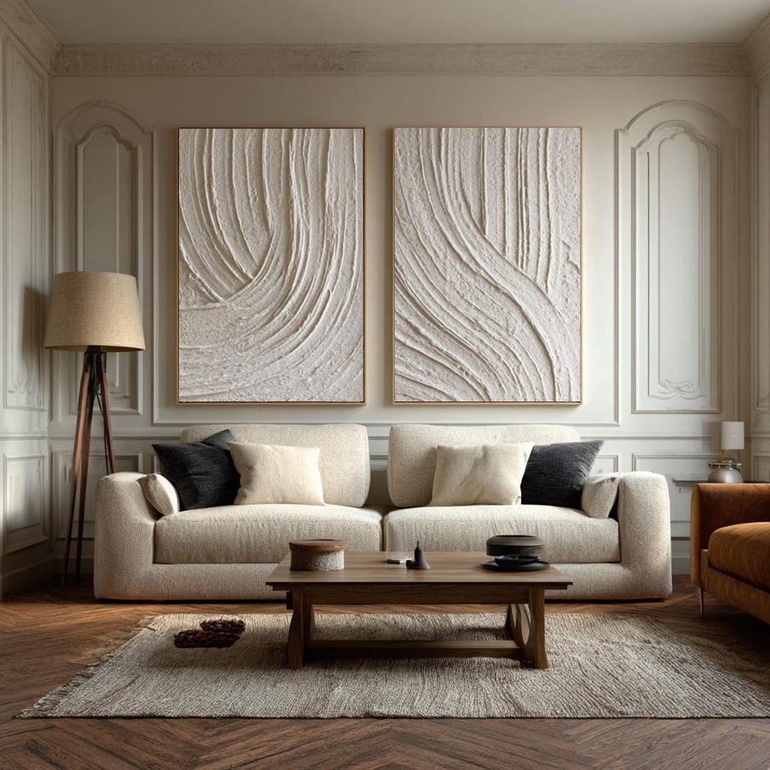 Beige Abstract Waves Painting Set: Textured Minimalist Canvas Wall Art ...