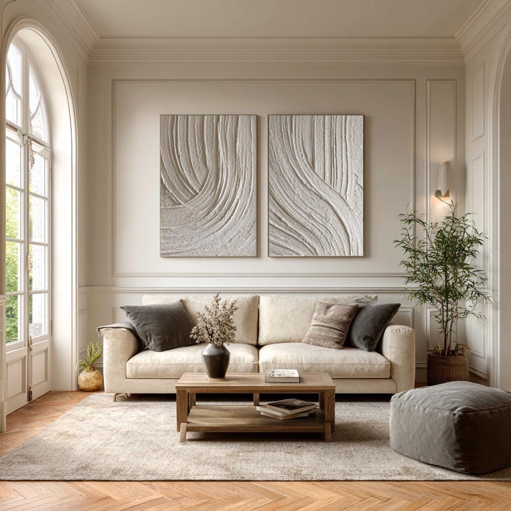 Beige Abstract Waves Painting Set: Textured Minimalist Canvas Wall Art ...
