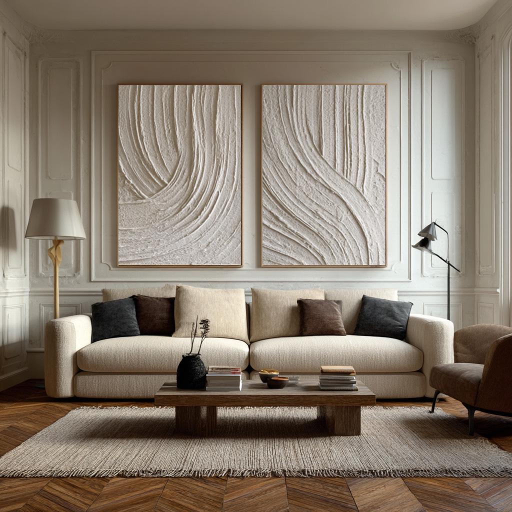 Beige Abstract Waves Painting Set: Textured Minimalist Canvas Wall Art ...