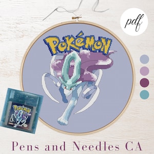 Könnte beinhalten: Ein Kreuzstichmuster mit dem Pokémon-Charakter "Lugia" in einem blau-violetten Farbschema. Das Muster ist in einem Reifen und enthält das Pokémon-Logo. Das Muster ist als PDF-Download verfügbar.