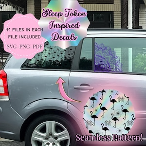Op de afbeelding: Autoraamstickers met een Sleep Token-thema. De afbeelding toont een auto met stickers van flamingo's, bloemenpatronen en mandala-ontwerpen. Tekst omvat "Sleep Token Inspired Decals" en "Seamless Pattern!"