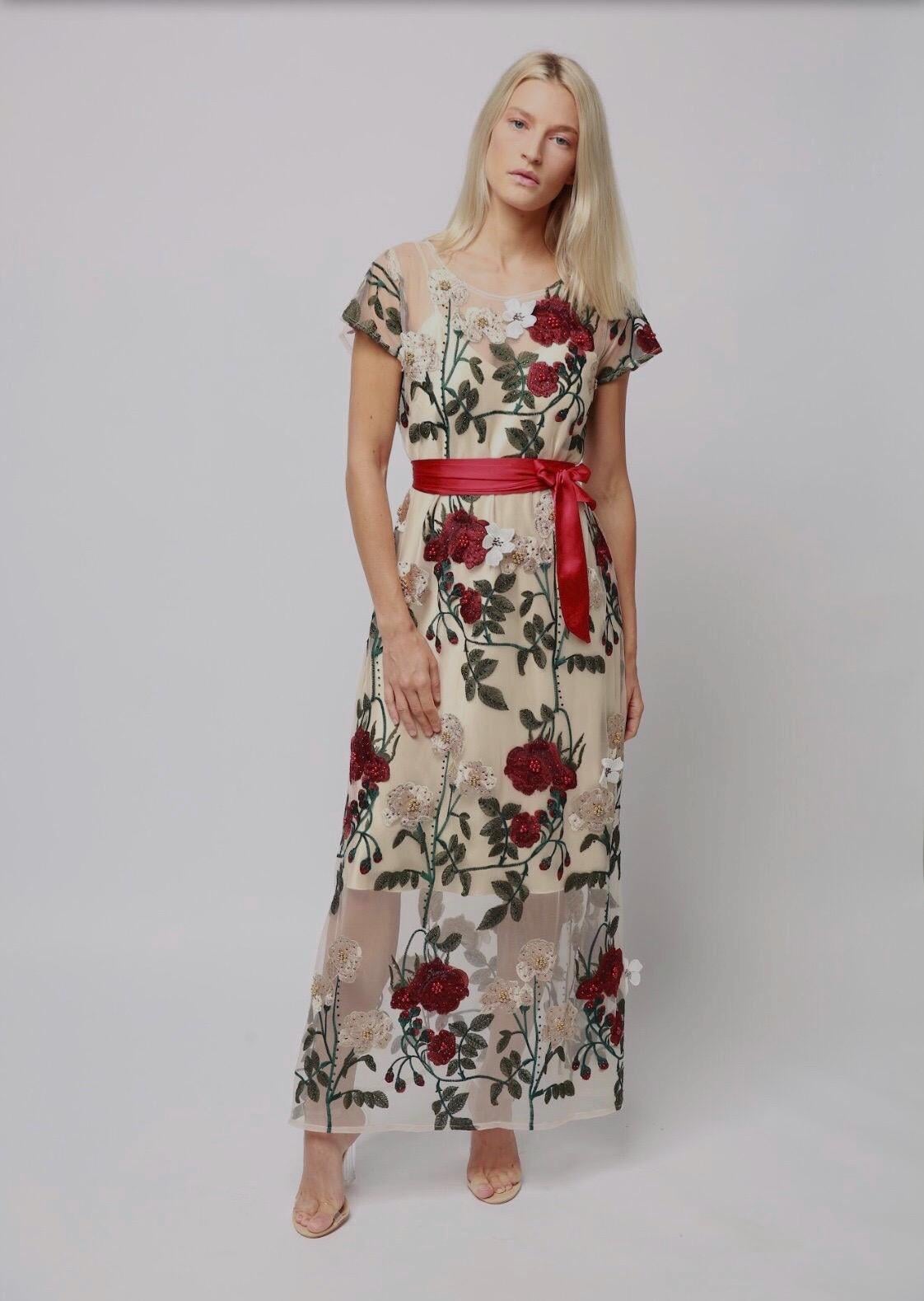 rose embroidered long dress Off the Shoulder Rose Floral Lace Wedding Dress with Long Sleeve,Red E –  Viniodress
