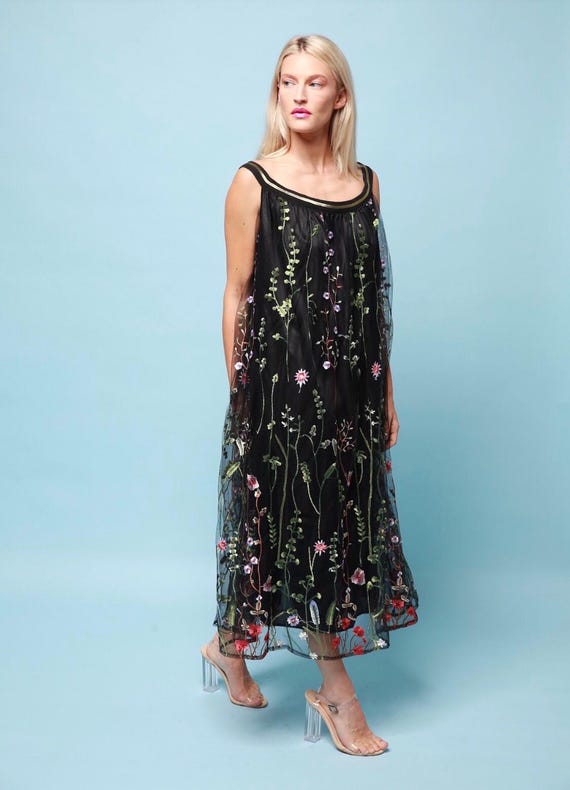 black floral embroidered maxi dress Valentina Black Floral Embroidered Maxi Dress with Pleated Cape Frock and Frill