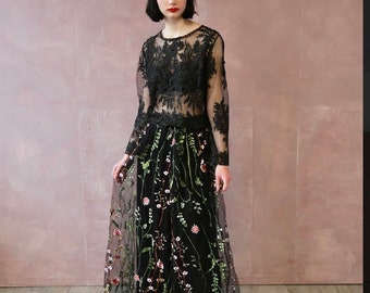 black embroidered long skirt and top