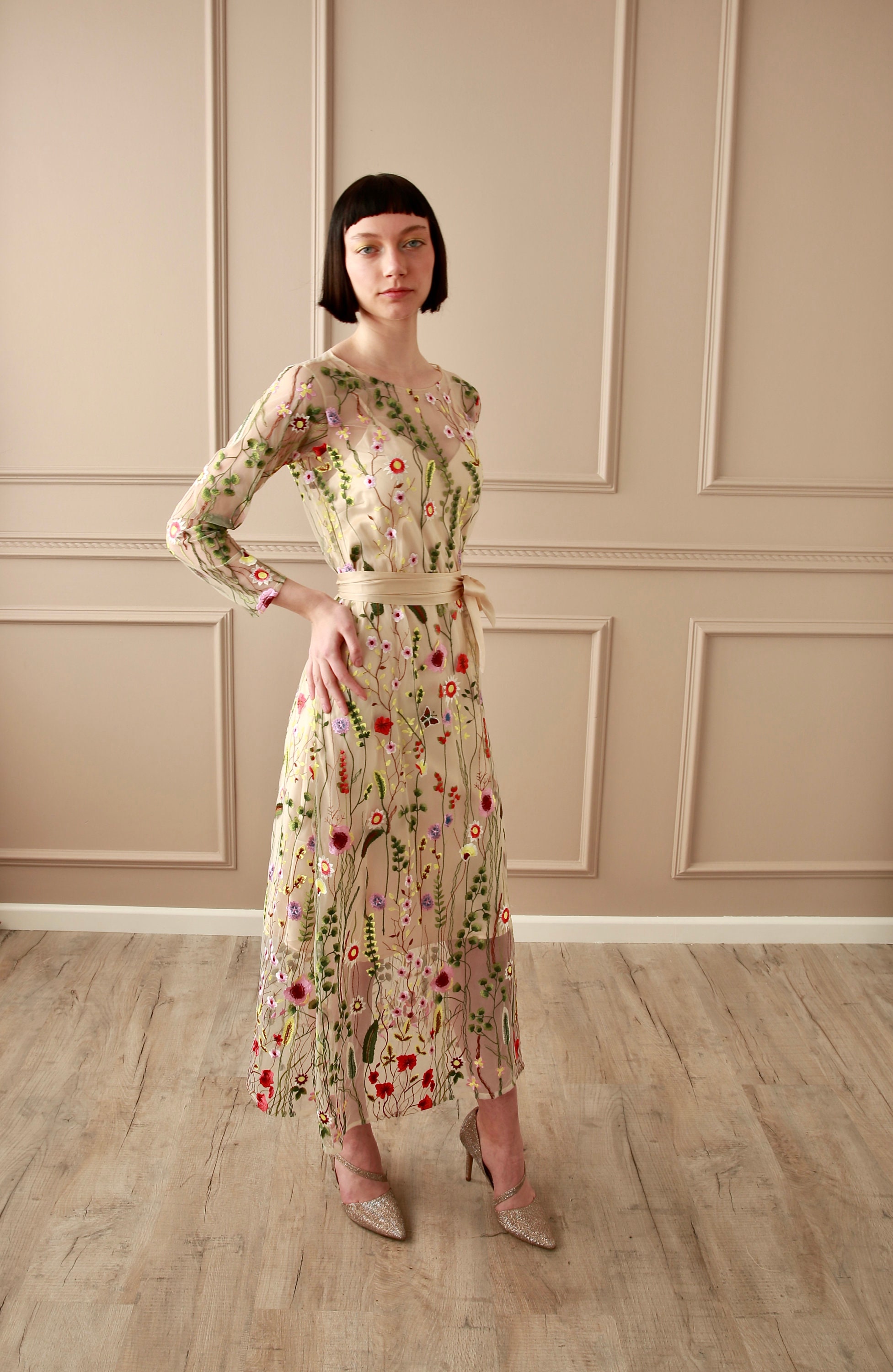 Long sleeve flowery dress hotsell