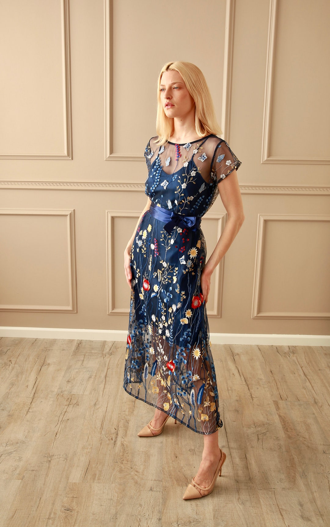 Floral midi dress with embroidered best sale overlay