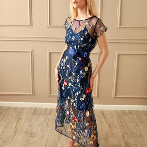 Vintage Jacquard Flower Woman Dress Retro Chic Petal Sleeve Lace