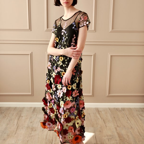 Embroidered Neck Floral Print Gown main image 0