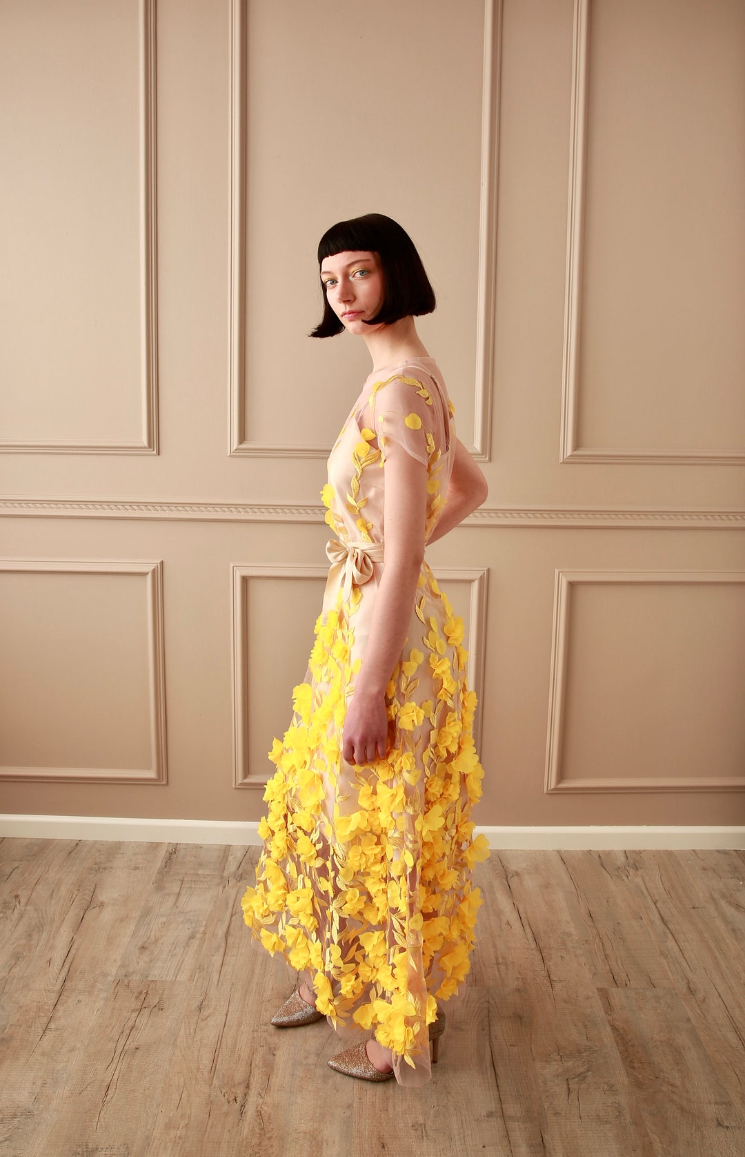 Gown, 3D Yellow Petals Embroidered